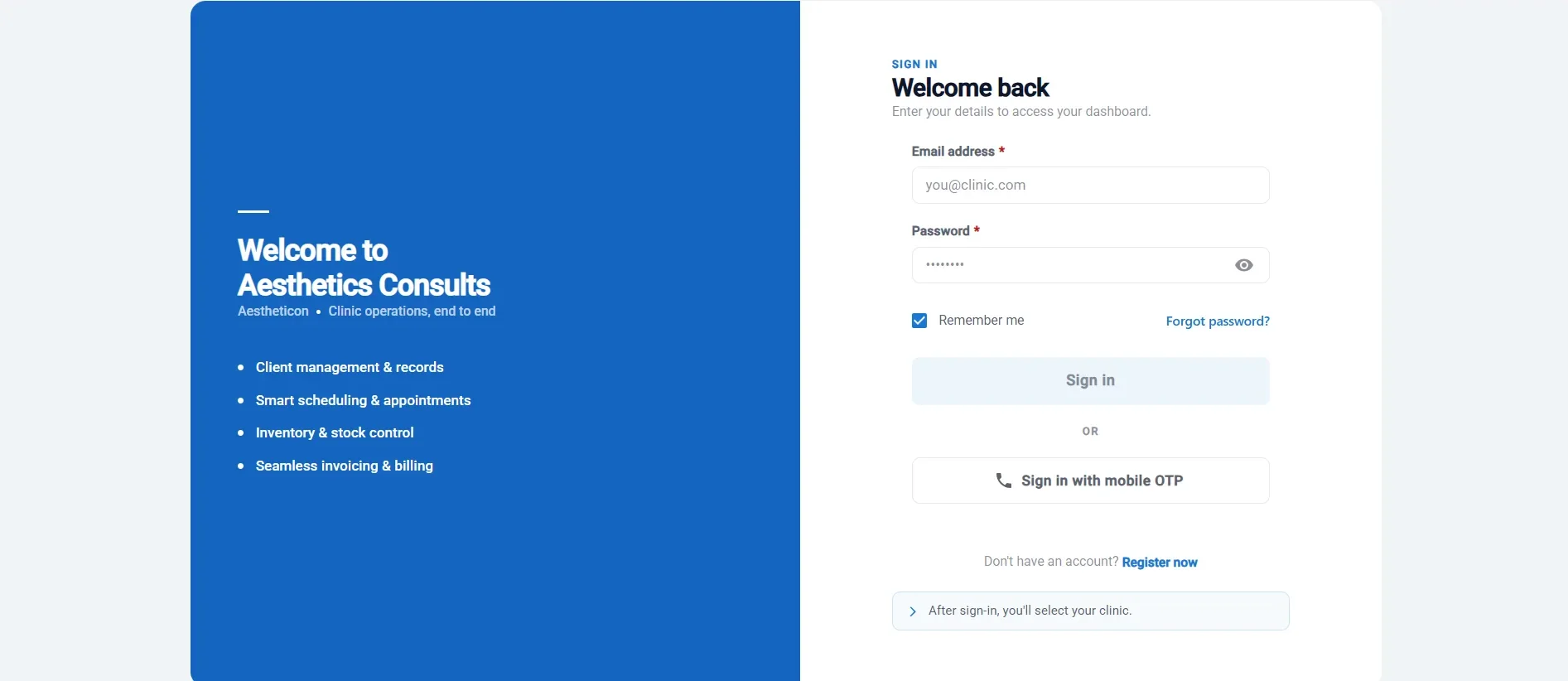 Sign-in screen with email and mobile OTP